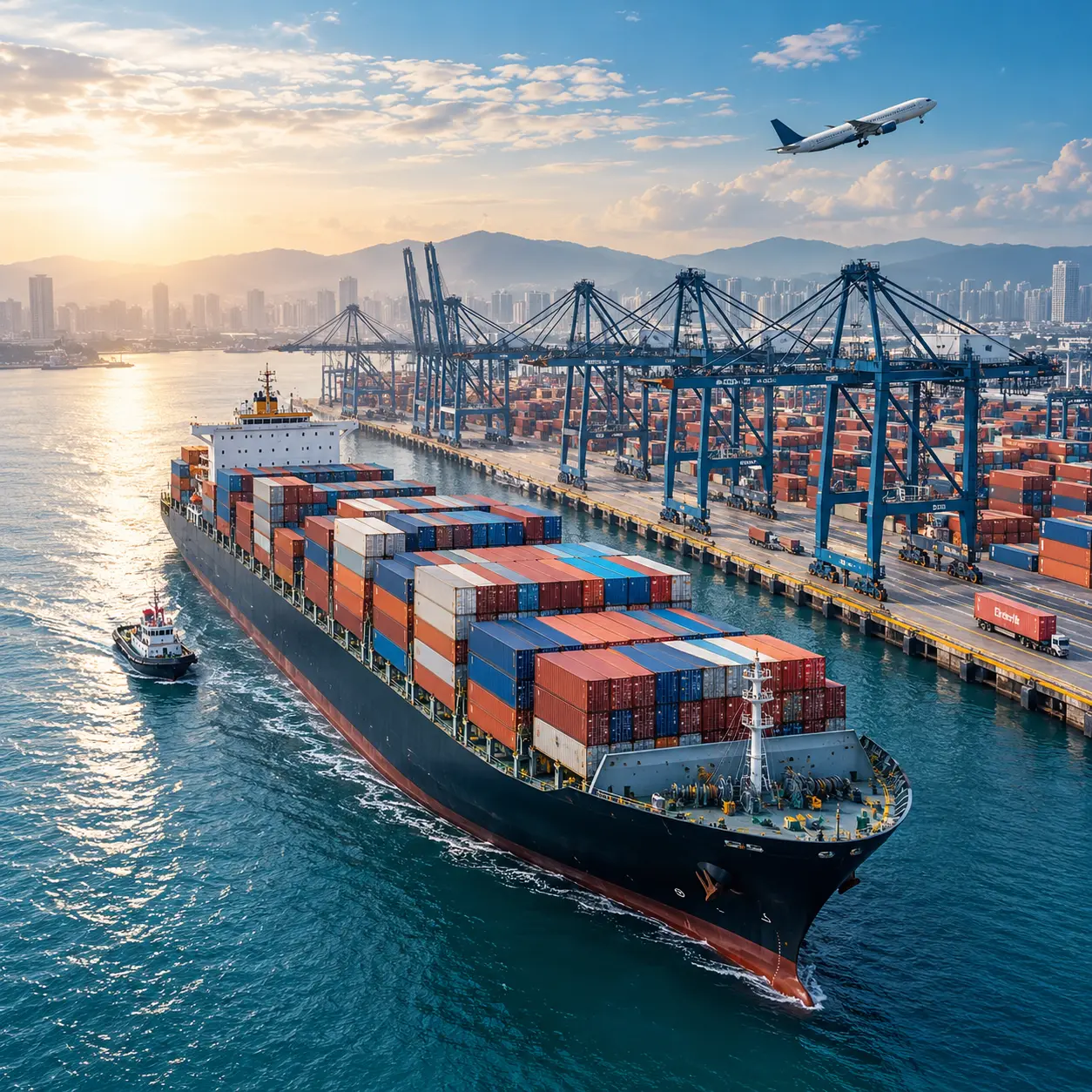 Cargo containers and shipping operations at a port