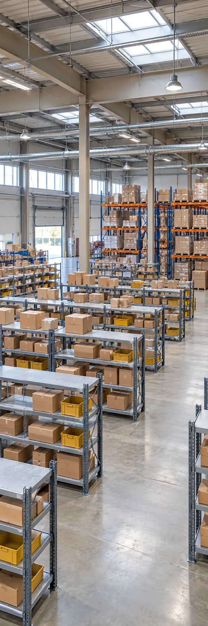 Organised warehouse with cartons and storage shelves